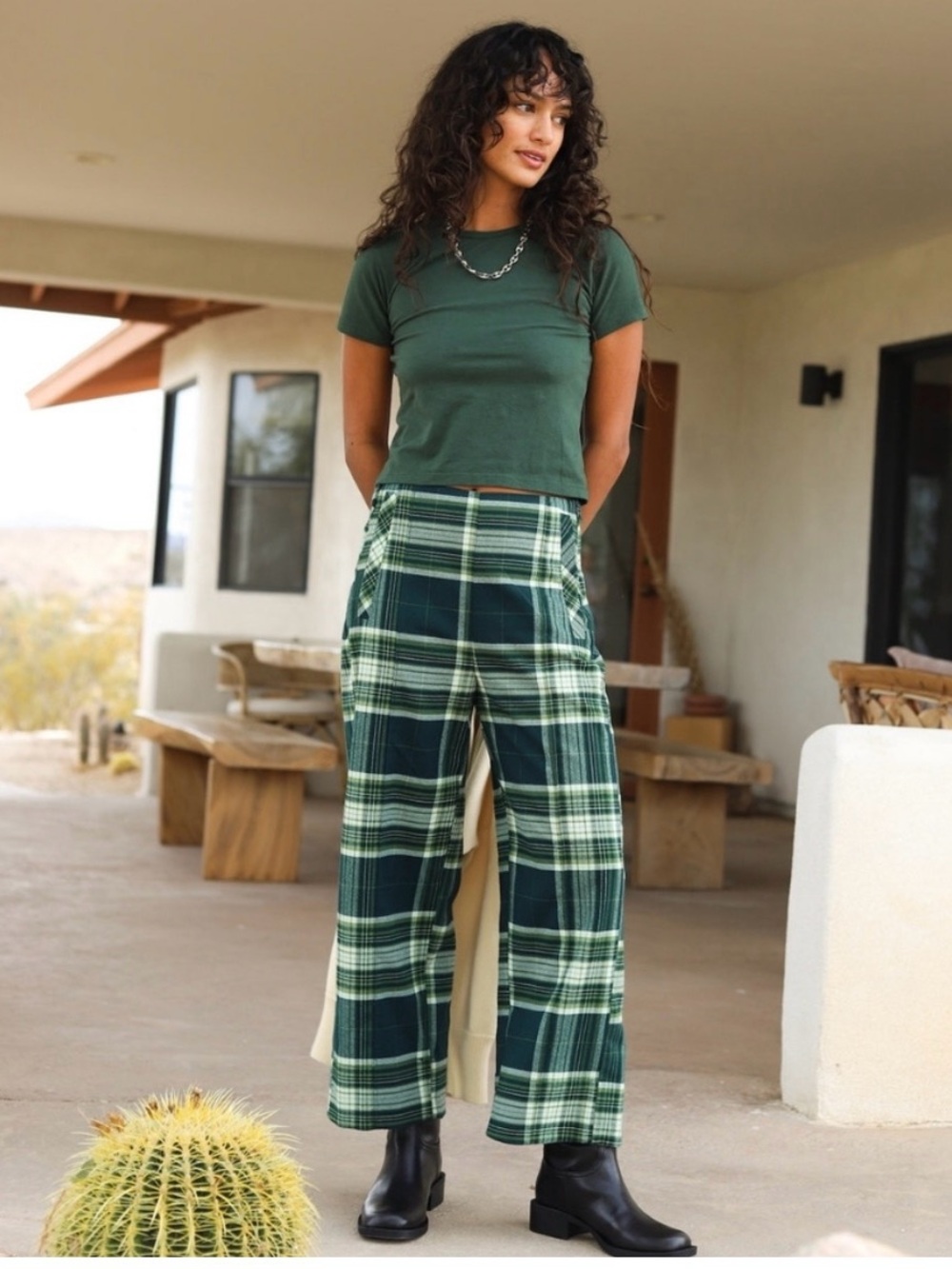 Free People Green Plaid Acadia Cropped Wide Leg Trousers